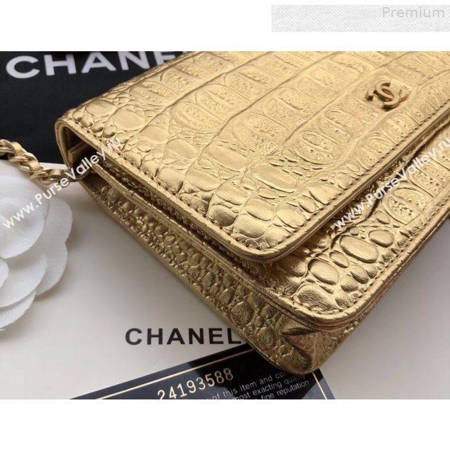 Chanel Metallic Crocodile Embossed Calfskin Classic Wallet on Chain WOC A33814 Gold 2019 (JIYUAN-9073138)