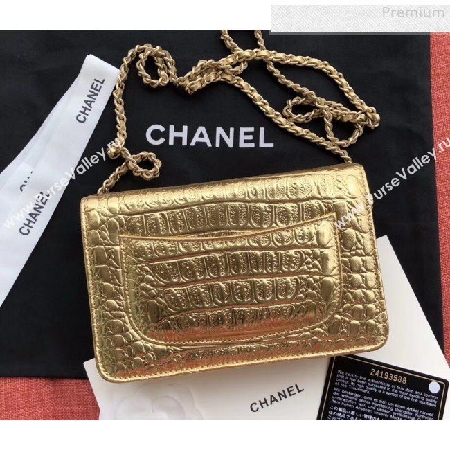 Chanel Metallic Crocodile Embossed Calfskin Classic Wallet on Chain WOC A33814 Gold 2019 (JIYUAN-9073138)