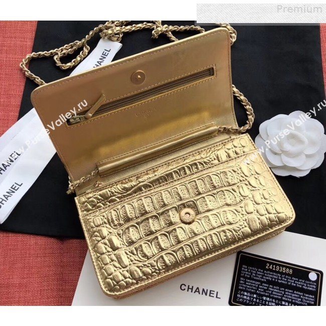 Chanel Metallic Crocodile Embossed Calfskin Classic Wallet on Chain WOC A33814 Gold 2019 (JIYUAN-9073138)