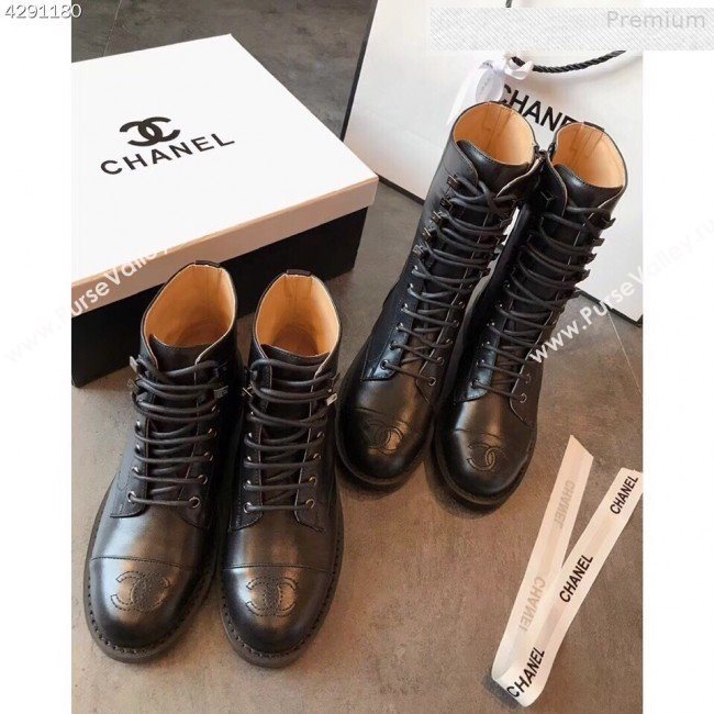 Chanel Calfskin Flat Lace up Short Boot Black 2019 01 (EM-9080213)