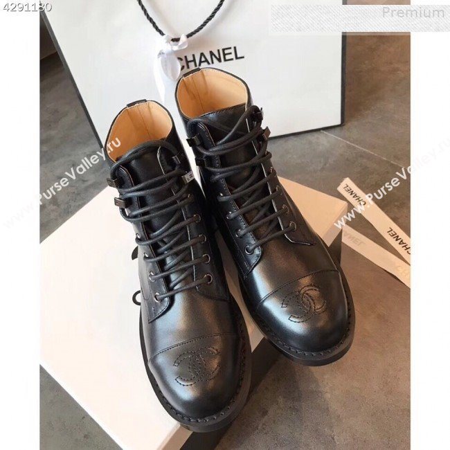 Chanel Calfskin Flat Lace up Short Boot Black 2019 01 (EM-9080213)