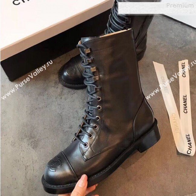 Chanel Calfskin Flat Lace up Mid-Shaft  Boot Black 2019   (EM-9080215)