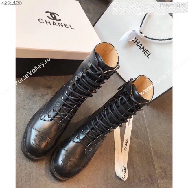 Chanel Calfskin Flat Lace up Mid-Shaft  Boot Black 2019   (EM-9080215)