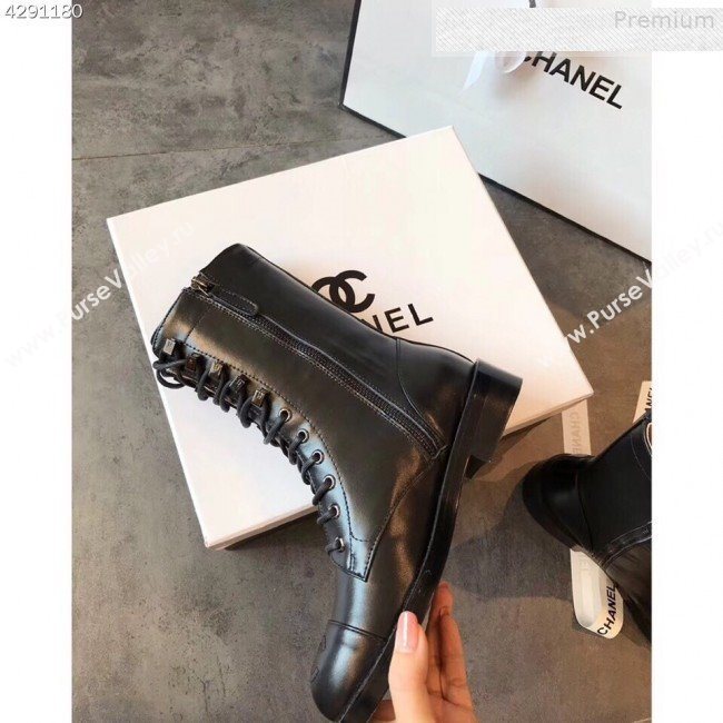 Chanel Calfskin Flat Lace up Mid-Shaft  Boot Black 2019   (EM-9080215)