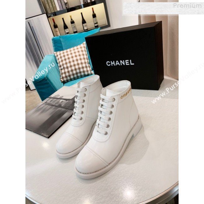 Chanel Calfskin Metal Logo Flat Short Boot White 2019 (HUANGZ-9080302)