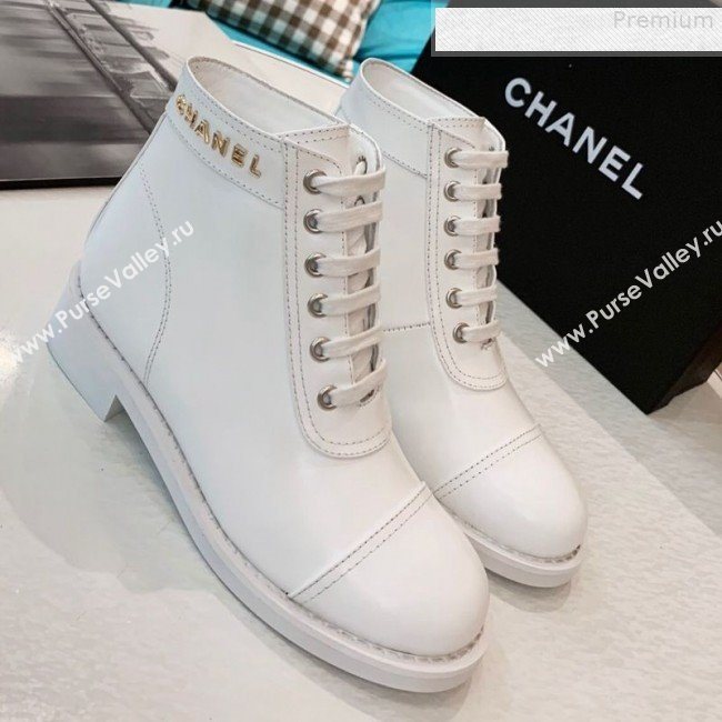 Chanel Calfskin Metal Logo Flat Short Boot White 2019 (HUANGZ-9080302)