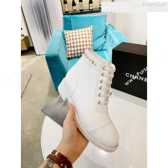 Chanel Calfskin Metal Logo Flat Short Boot White 2019 (HUANGZ-9080302)