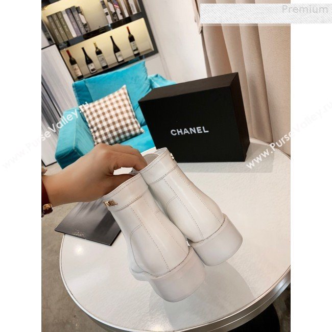 Chanel Calfskin Metal Logo Flat Short Boot White 2019 (HUANGZ-9080302)