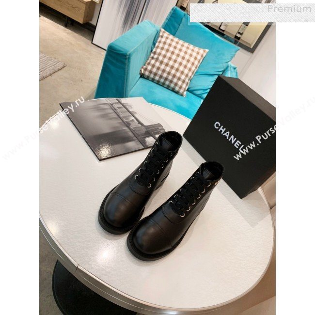 Chanel Calfskin Metal Logo Flat Short Boot Black 2019 (HUANGZ-9080301)