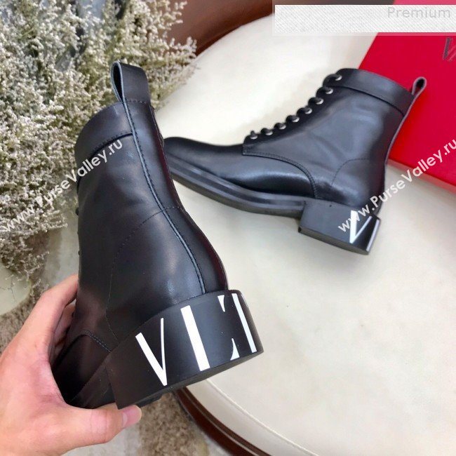 Valentino VLTN Print Calfskin Lace-up Flat Short Boot Black/White 2019 (HUANGZ-9080304)