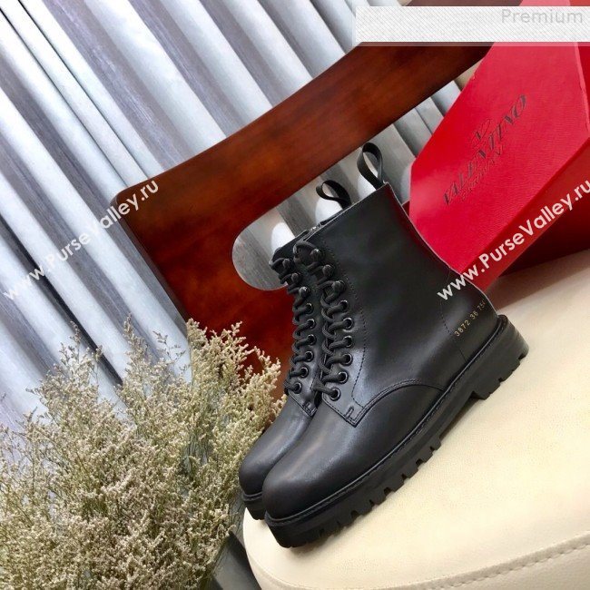Valentino Number Print Calfskin Lace-up Flat Short Boot Black 2019 (HUANGZ-9080305)