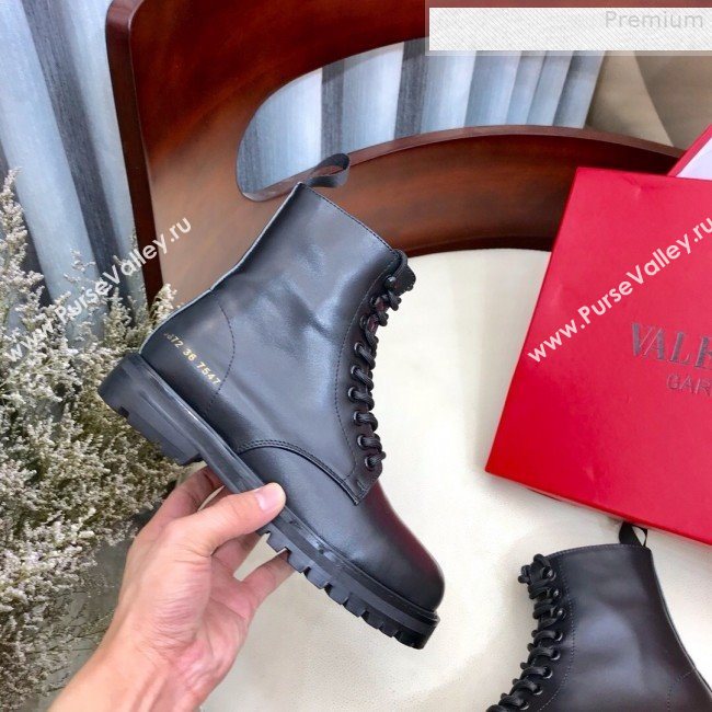 Valentino Number Print Calfskin Lace-up Flat Short Boot Black 2019 (HUANGZ-9080305)