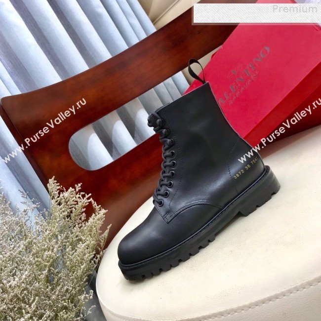 Valentino Number Print Calfskin Lace-up Flat Short Boot Black 2019 (HUANGZ-9080305)