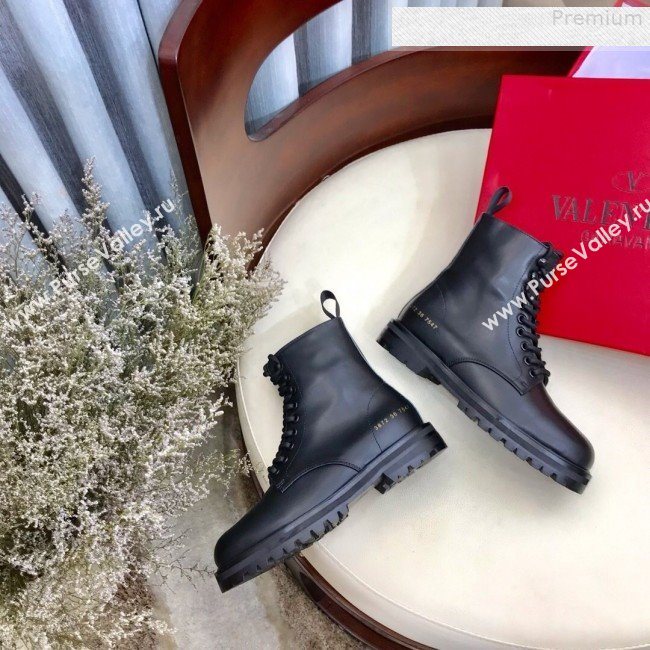 Valentino Number Print Calfskin Lace-up Flat Short Boot Black 2019 (HUANGZ-9080305)