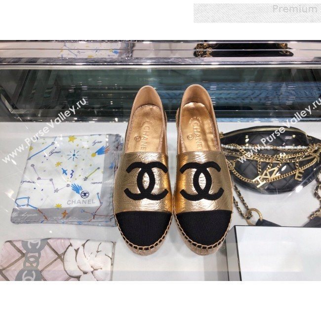 Chanel CC Laminated Leather Espadrilles G29762 Gold/Black 2019 (XO-9080308)