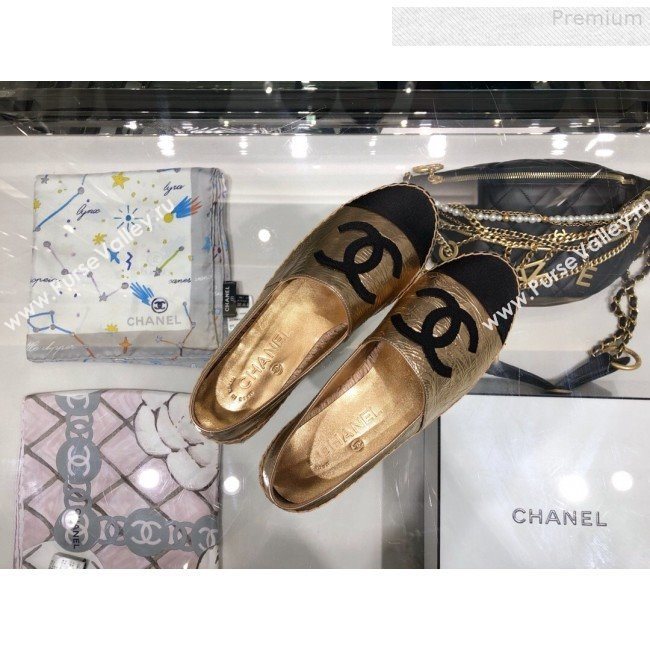 Chanel CC Laminated Leather Espadrilles G29762 Gold/Black 2019 (XO-9080308)