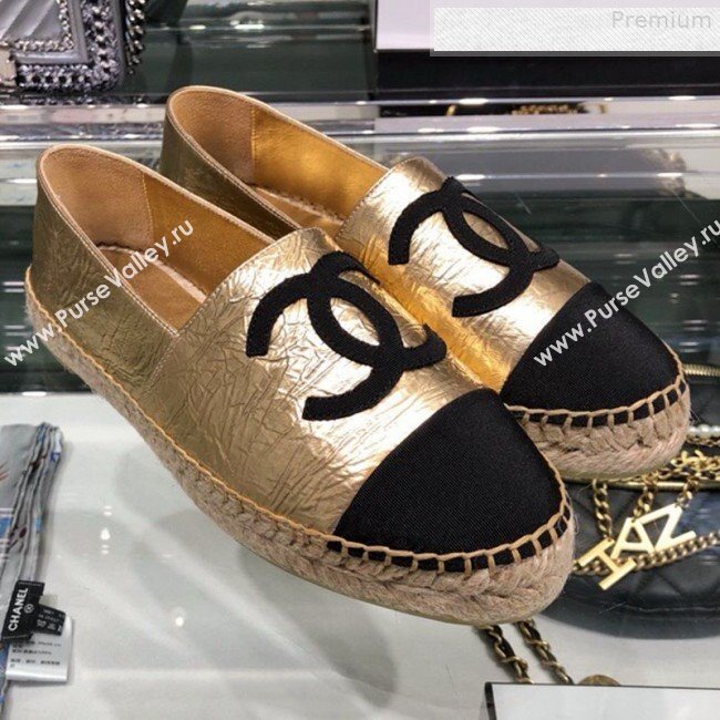 Chanel CC Laminated Leather Espadrilles G29762 Gold/Black 2019 (XO-9080308)
