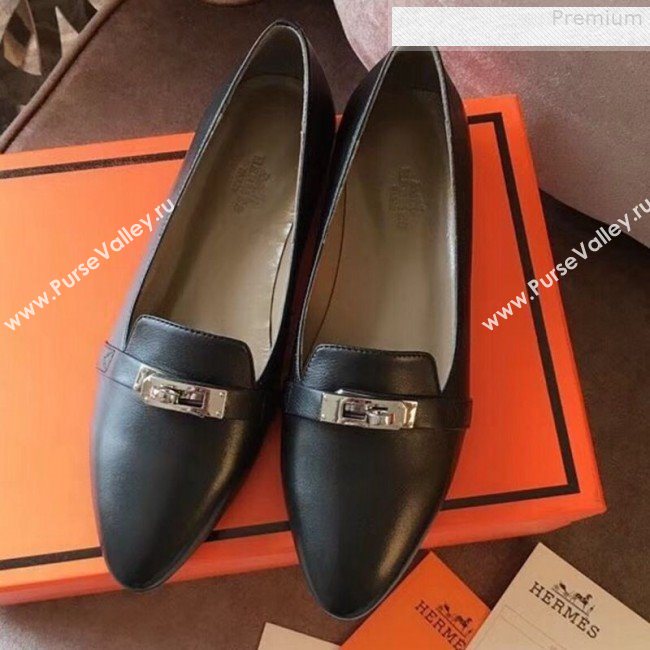 Hermes Kelly Calfskin Flat Loafers Black  (A8-9080801)