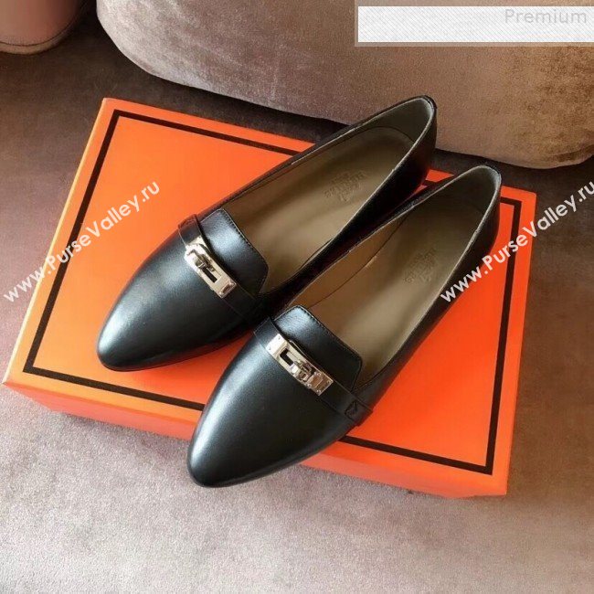 Hermes Kelly Calfskin Flat Loafers Black  (A8-9080801)