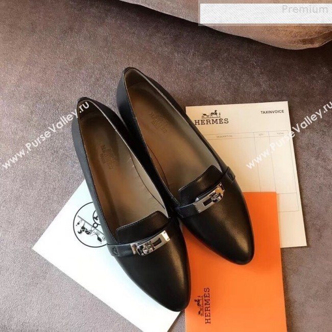 Hermes Kelly Calfskin Flat Loafers Black  (A8-9080801)