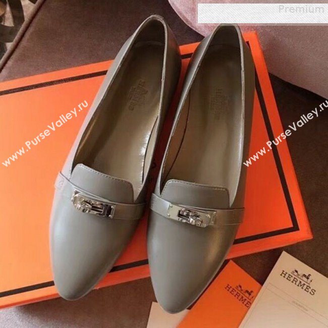 Hermes Kelly Calfskin Flat Loafers Grey  (A8-9080802)