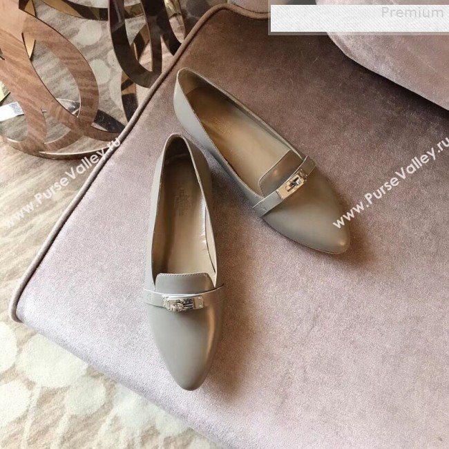 Hermes Kelly Calfskin Flat Loafers Grey  (A8-9080802)