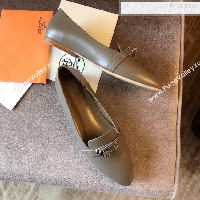 Hermes Kelly Calfskin Flat Loafers Grey  (A8-9080802)