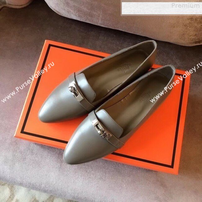 Hermes Kelly Calfskin Flat Loafers Grey  (A8-9080802)