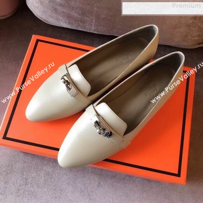 Hermes Kelly Calfskin Flat Loafers White (A8-9080804)