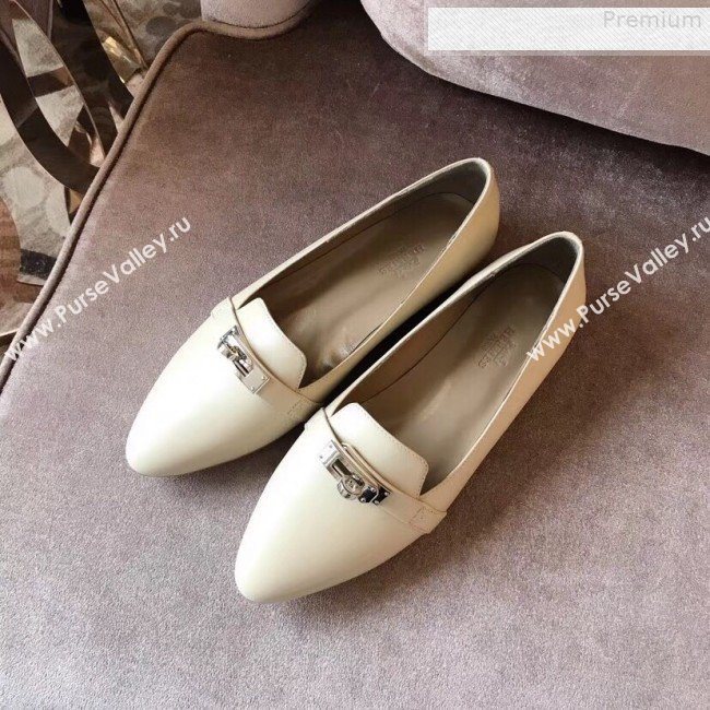 Hermes Kelly Calfskin Flat Loafers White (A8-9080804)