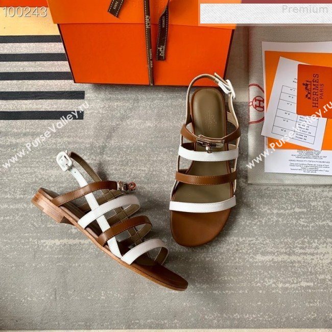 Hermes Kelly Calfskin Flat Sandals White/Brown 2019 (DLY-9080810)