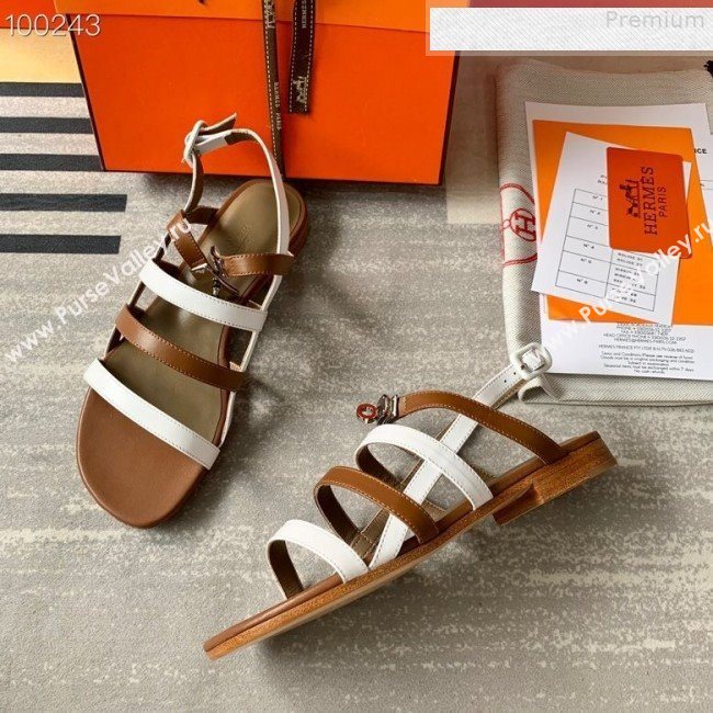 Hermes Kelly Calfskin Flat Sandals White/Brown 2019 (DLY-9080810)