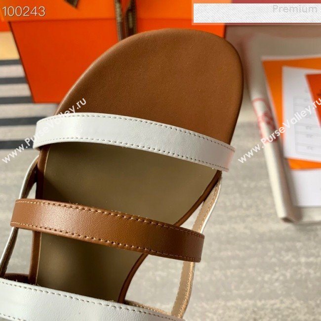 Hermes Kelly Calfskin Flat Sandals White/Brown 2019 (DLY-9080810)
