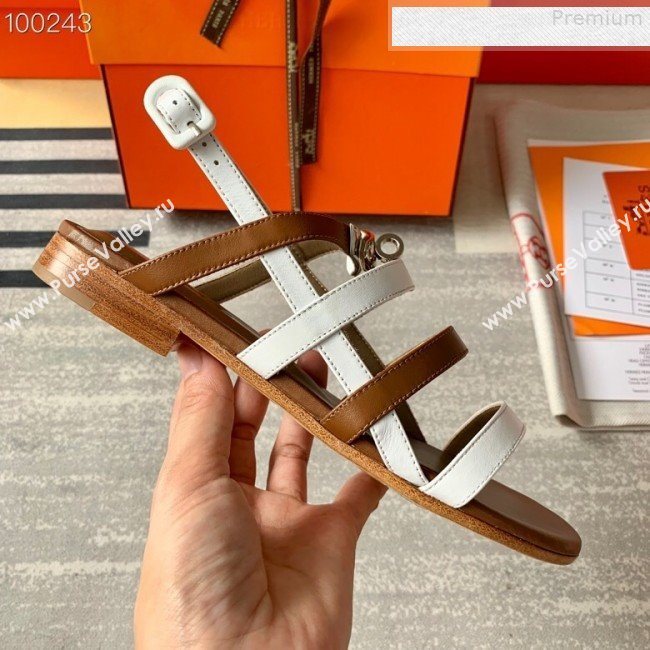 Hermes Kelly Calfskin Flat Sandals White/Brown 2019 (DLY-9080810)