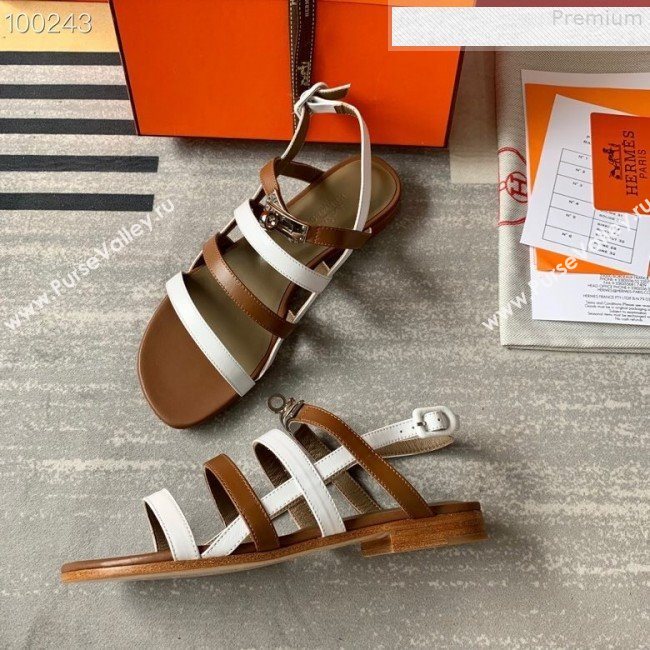 Hermes Kelly Calfskin Flat Sandals White/Brown 2019 (DLY-9080810)