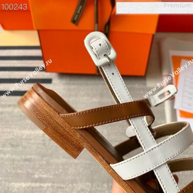 Hermes Kelly Calfskin Flat Sandals White/Brown 2019 (DLY-9080810)
