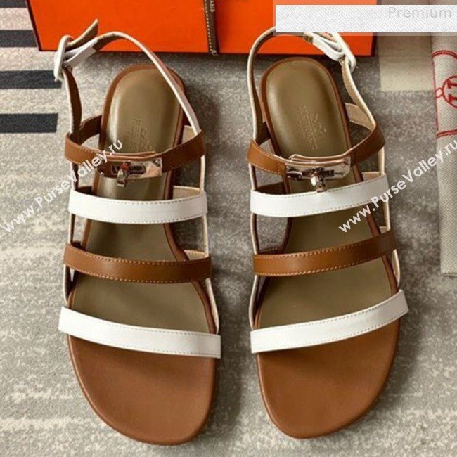 Hermes Kelly Calfskin Flat Sandals White/Brown 2019 (DLY-9080810)