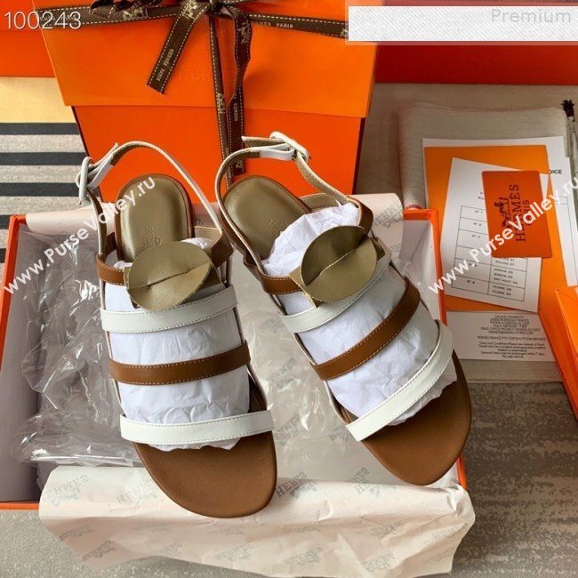 Hermes Kelly Calfskin Flat Sandals White/Brown 2019 (DLY-9080810)