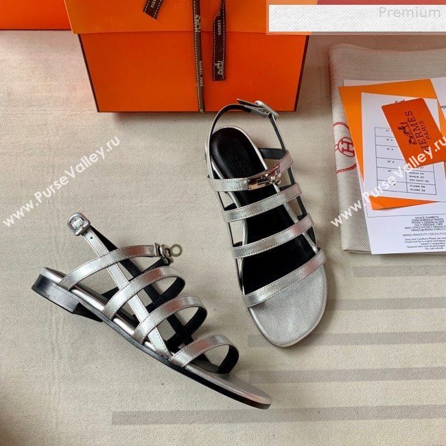 Hermes Kelly Calfskin Flat Sandals Silver 2019 (DLY-9080812)
