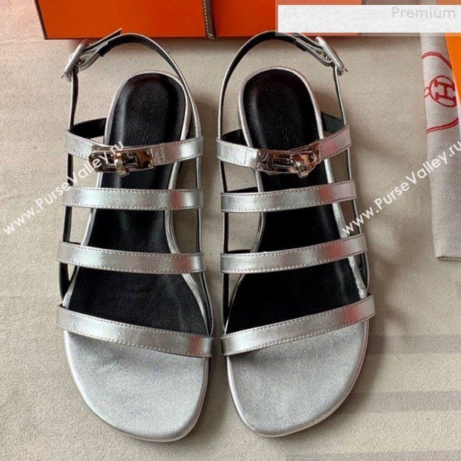 Hermes Kelly Calfskin Flat Sandals Silver 2019 (DLY-9080812)