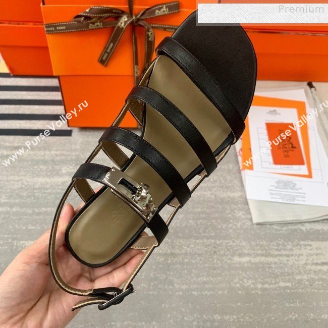 Hermes Kelly Calfskin Flat Sandals Black 2019 (DLY-9080814)