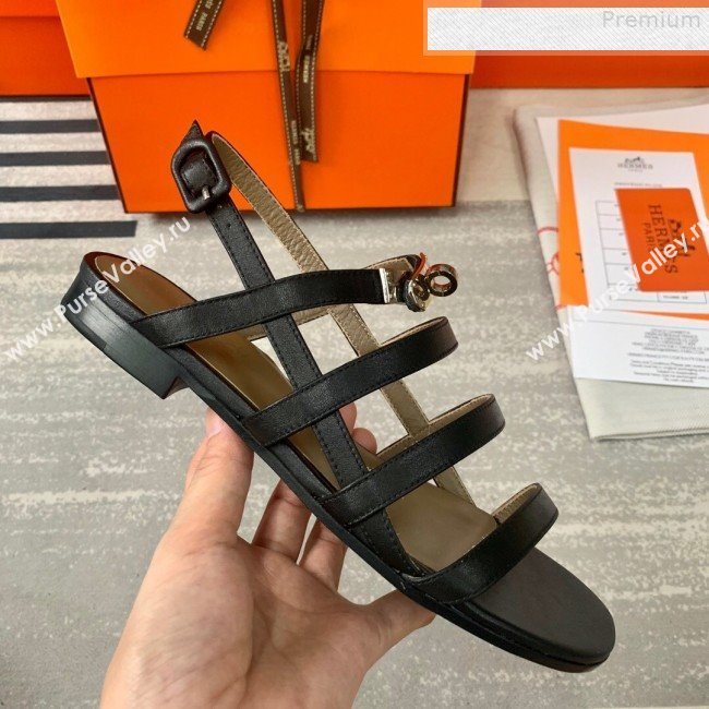 Hermes Kelly Calfskin Flat Sandals Black 2019 (DLY-9080814)