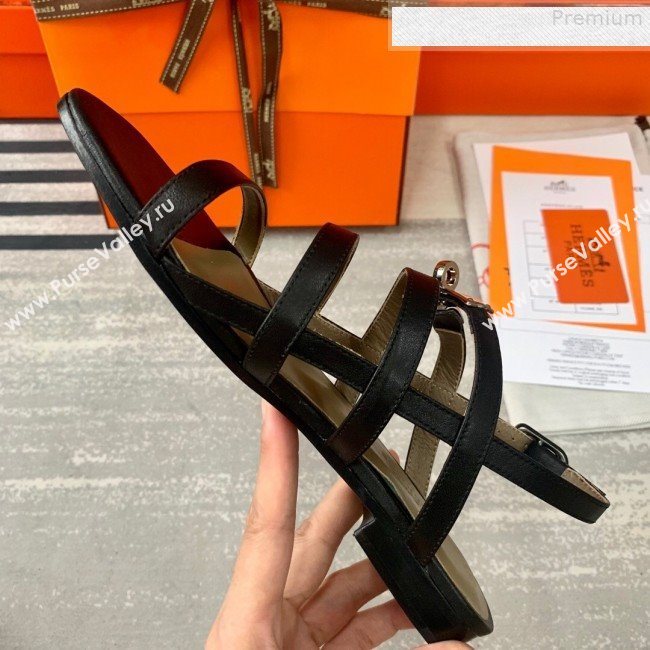 Hermes Kelly Calfskin Flat Sandals Black 2019 (DLY-9080814)