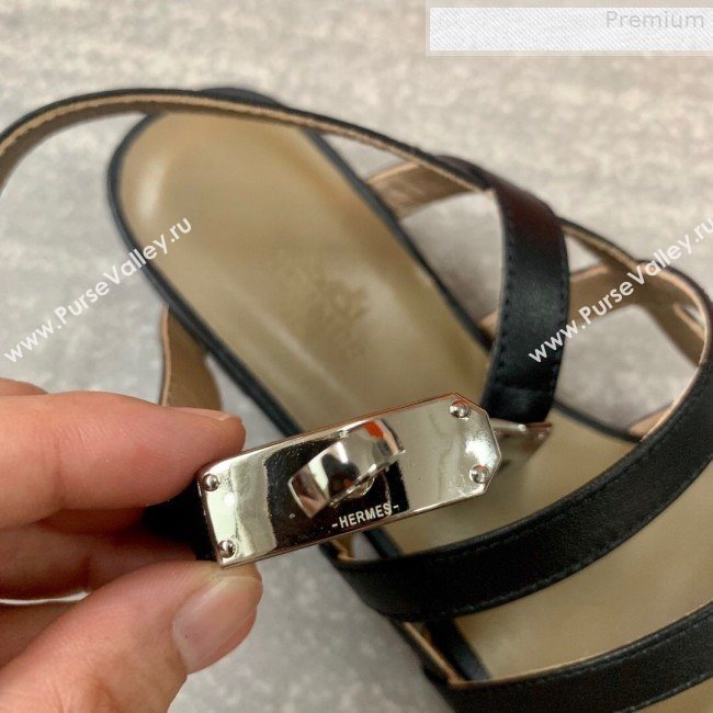 Hermes Kelly Calfskin Flat Sandals Black 2019 (DLY-9080814)