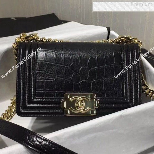 Chanel Crocodile Embossed Leather Small Boy Flap Bag Black 2019 (KAIS-9080825)