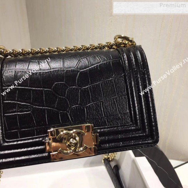 Chanel Crocodile Embossed Leather Small Boy Flap Bag Black 2019 (KAIS-9080825)