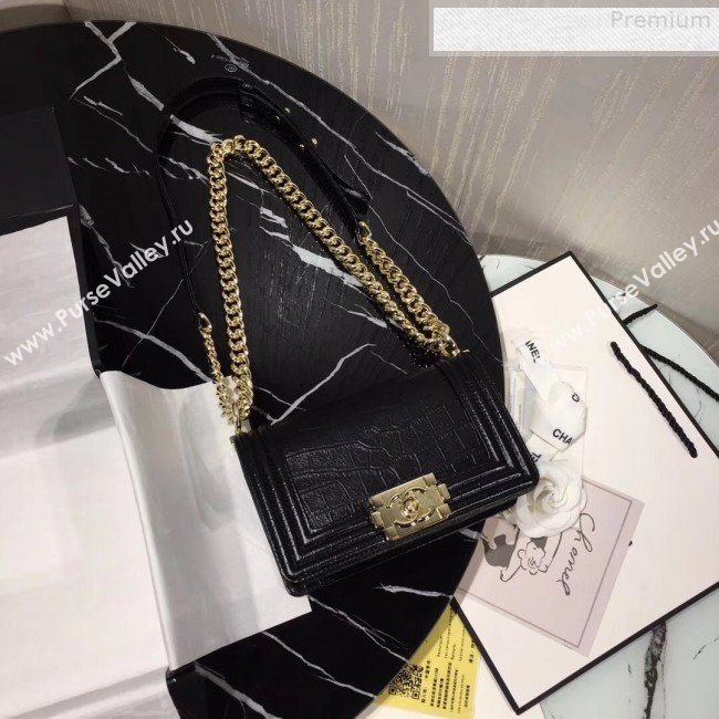 Chanel Crocodile Embossed Leather Small Boy Flap Bag Black 2019 (KAIS-9080825)