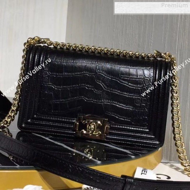 Chanel Crocodile Embossed Leather Medium Boy Flap Bag Black 2019 (KAIS-9080826)