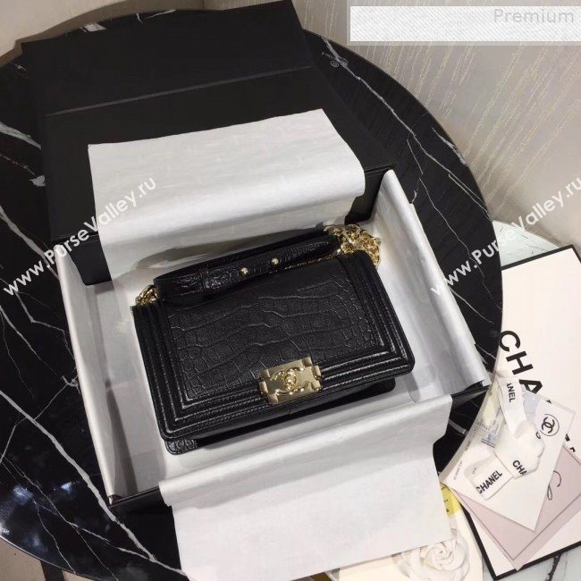 Chanel Crocodile Embossed Leather Medium Boy Flap Bag Black 2019 (KAIS-9080826)