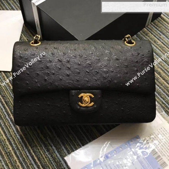 Chanel Ostrich Embossed Leather Medium Classic Flap Bag A01112 Black 2019 (KAIS-9080827)